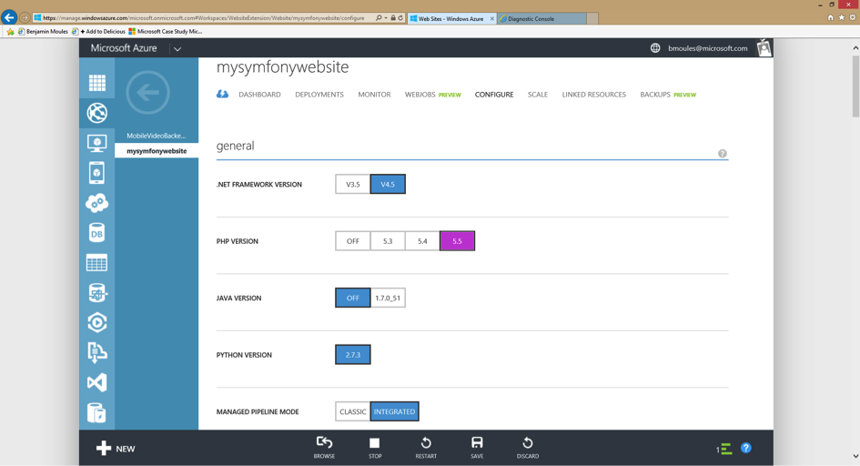 Enabling the most recent PHP runtime from Azure Website Control Panel