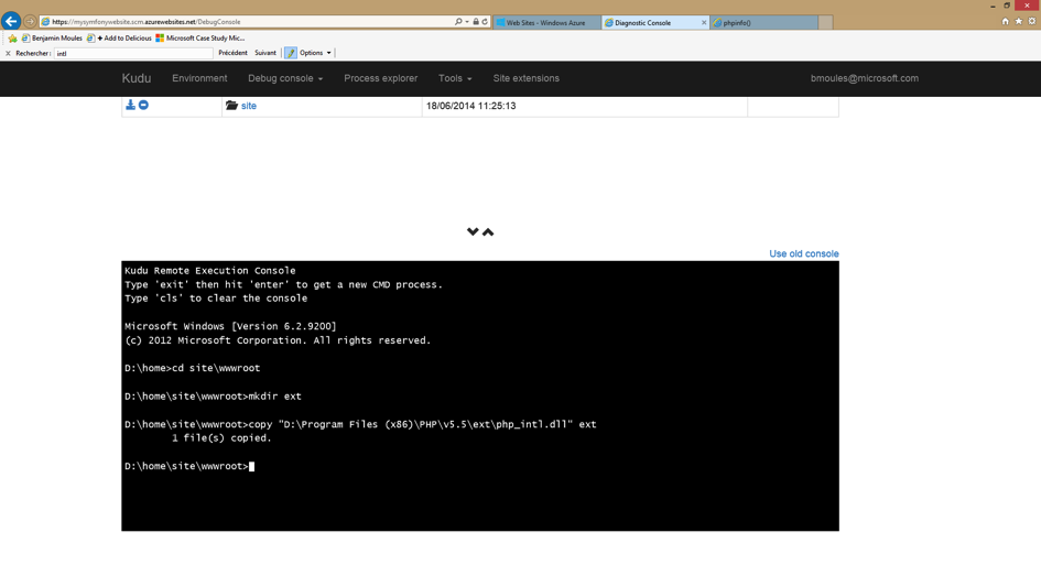 Executing commands in the online Kudu Console prompt