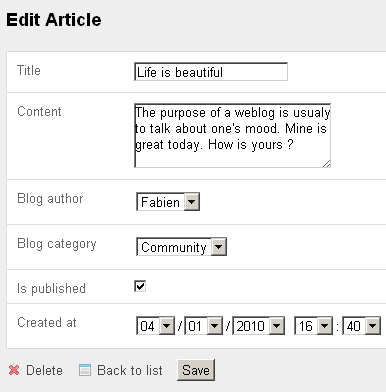 edit view of the article module in the backend application
