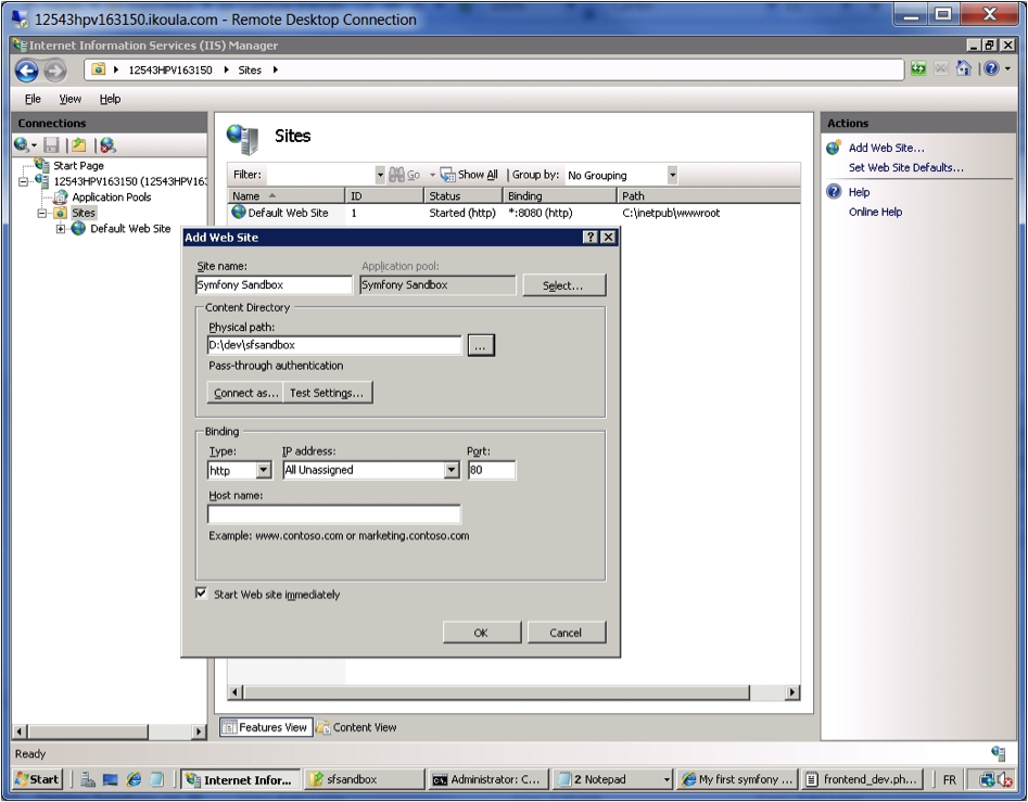 IIS Manager - Aggiungere il sito web.