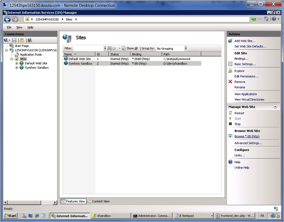 IIS Manager - Clic sur Browse port 80.