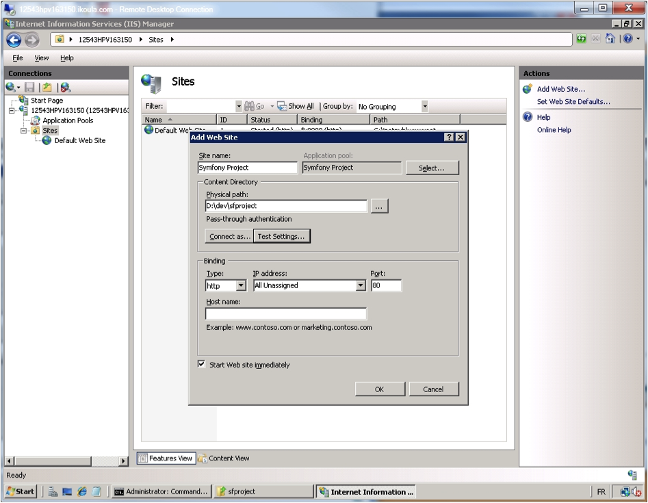 IIS Manager - Add Web Site.