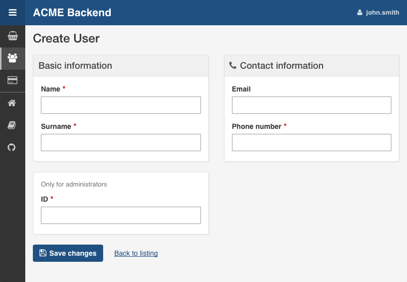 A form using groups to separate its fields