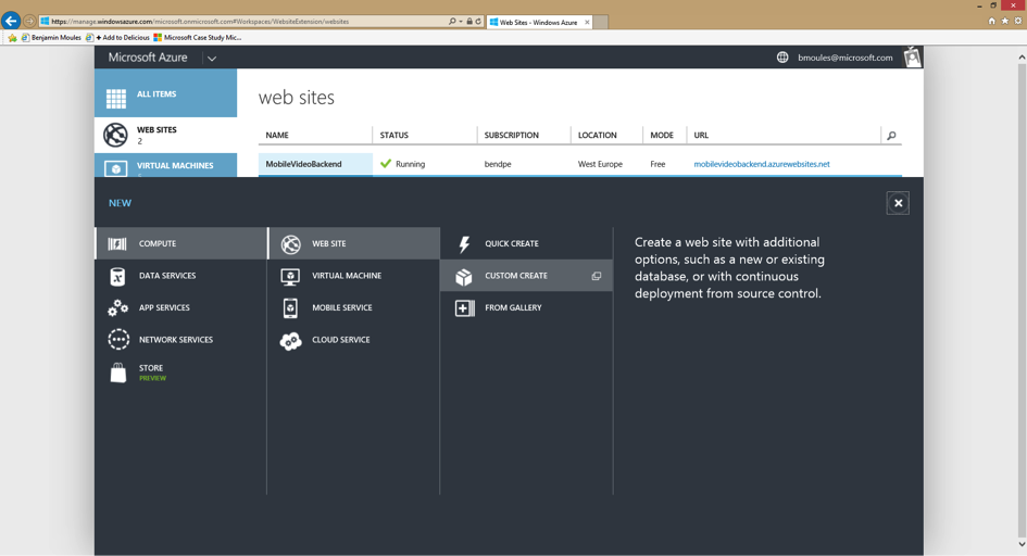 Create a new custom Azure Website