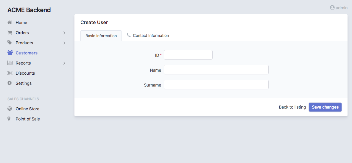 A form using tabs to separate its fields