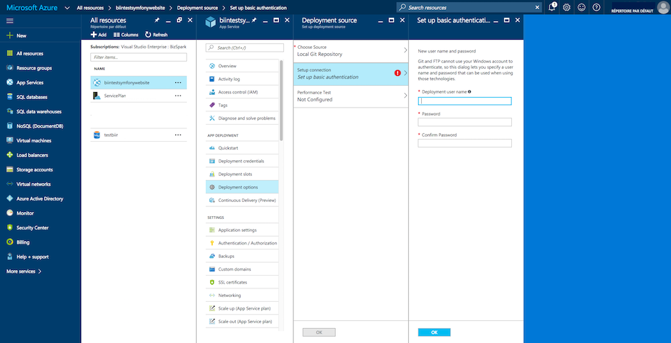 Configure Azure Website credentials