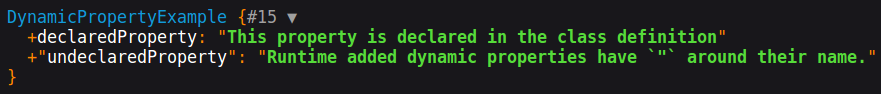 Dump output showing the DynamicPropertyExample object and both declared and undeclared properties with their values.