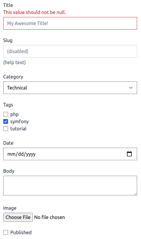 An HTML form showing a range of form types styled using TailwindCSS.