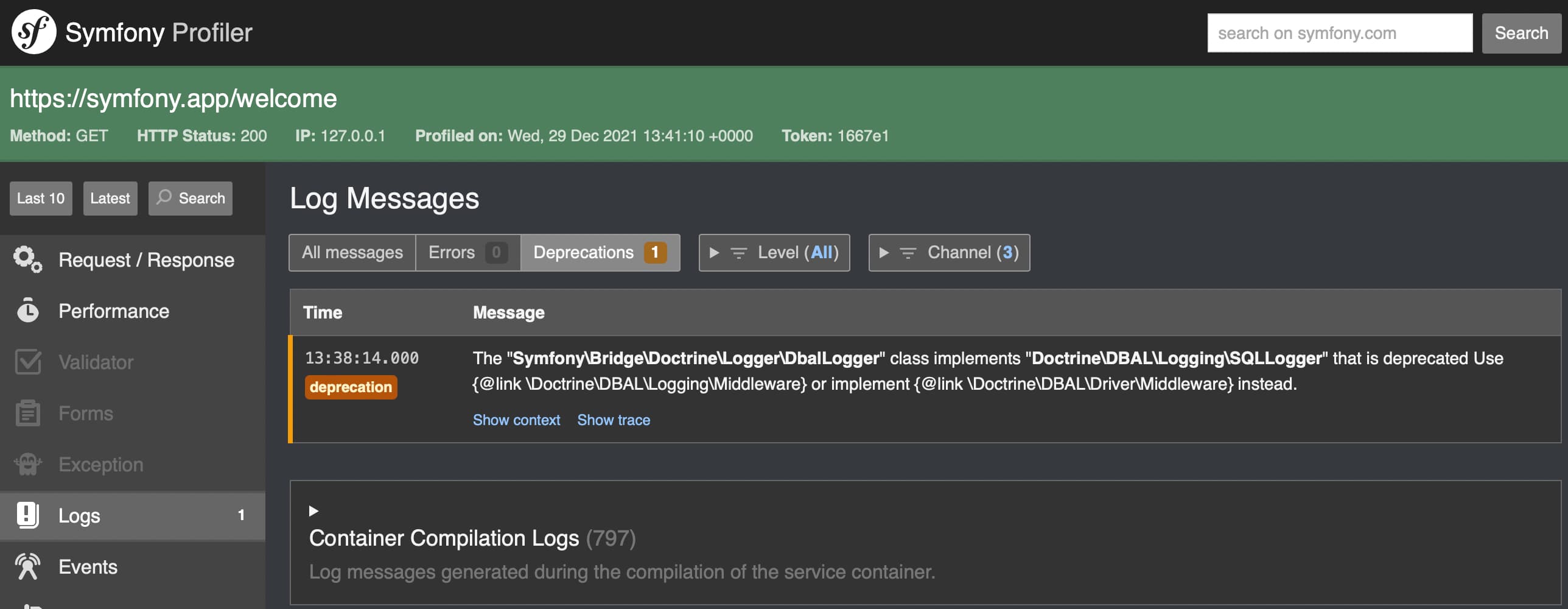 The Logs page of the Symfony Profiler showing the deprecation notices.