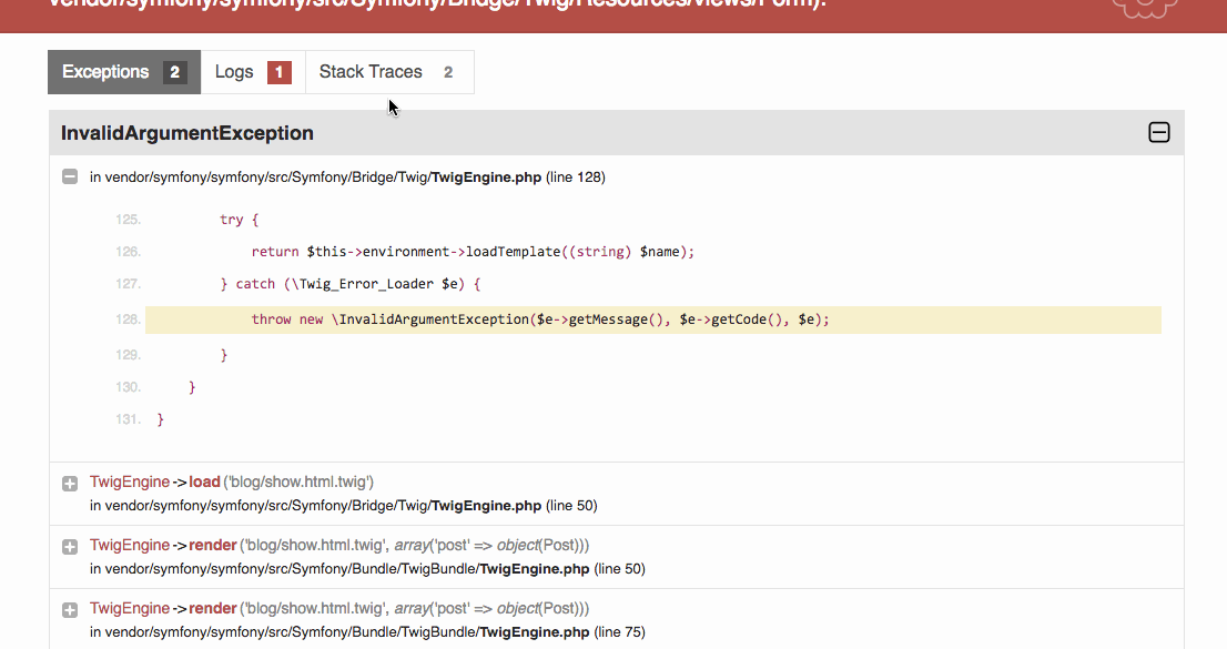 The default Symfony exception page with the "Exceptions", "Logs" and "Stack Traces" tabs.