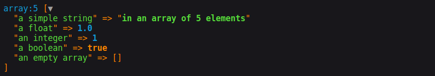 Dump output showing the array with length five and all keys and values.