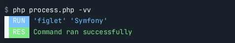 Console output showing two lines: "RUN 'figlet' 'Symfony'" and "RES Command ran successfully".