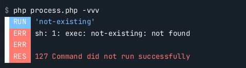 The last line shows "RES 127 Command did not run successfully", and the output lines show more the error information from the command.