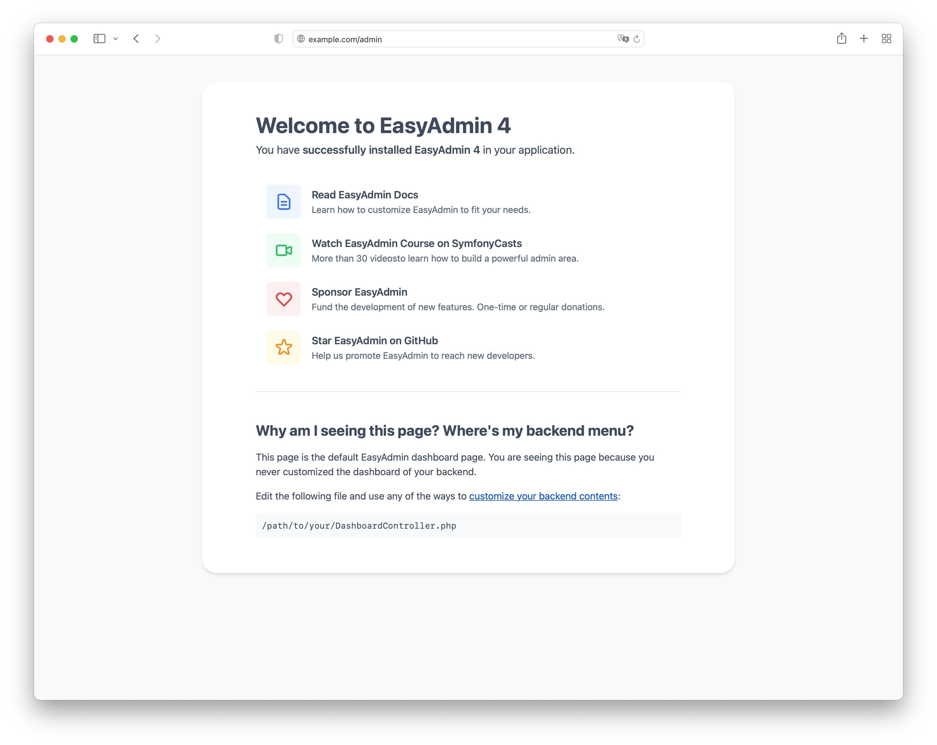 EasyAdmin 4 Welcome Page