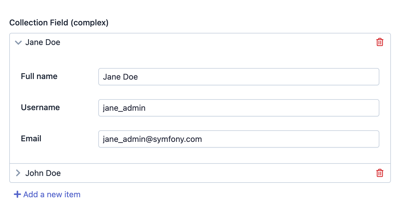 Default style of EasyAdmin complex collection field expanded