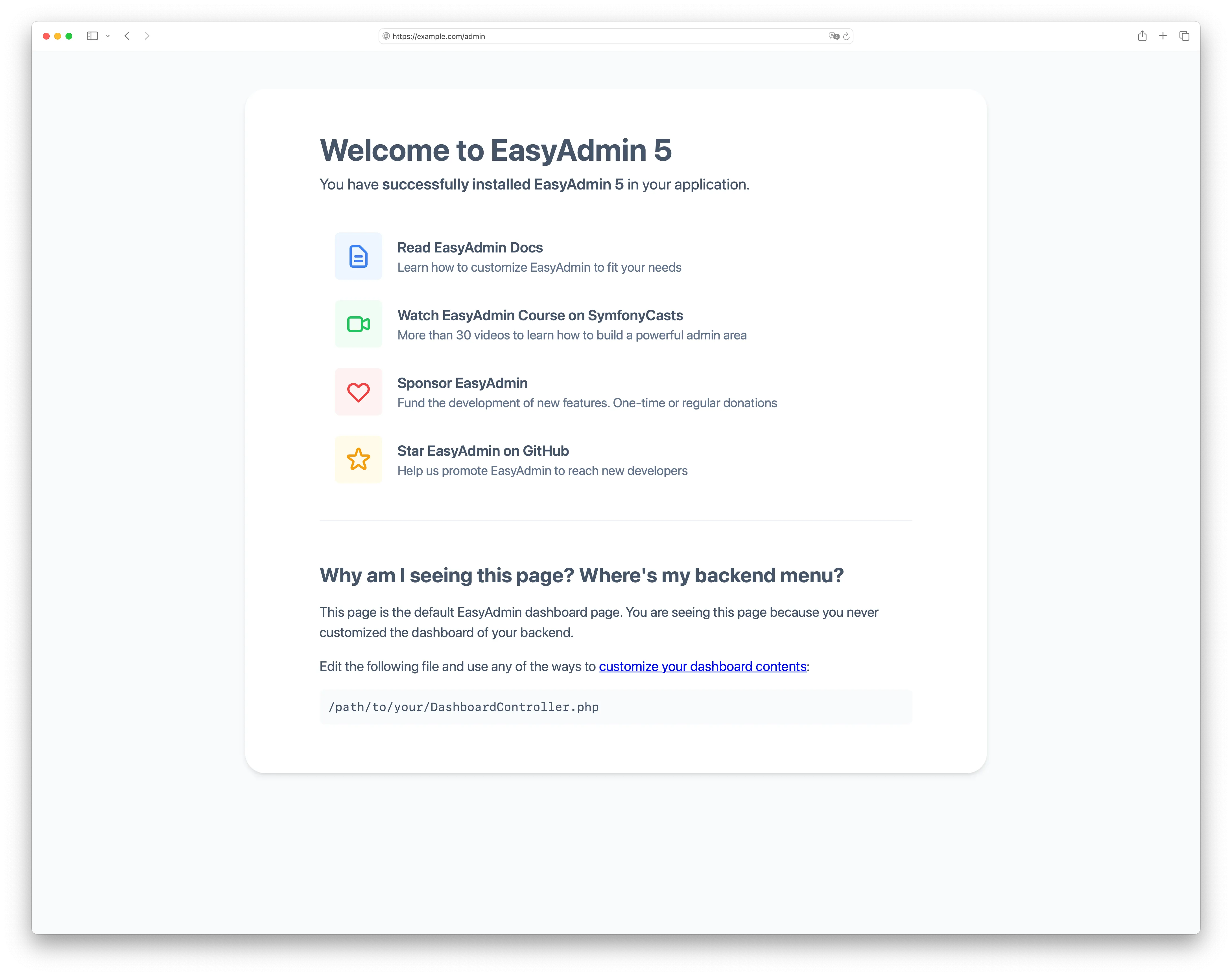EasyAdmin 5 Welcome Page