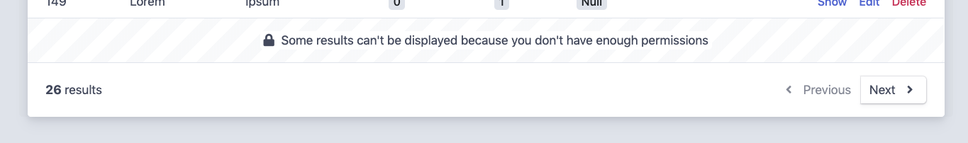 List view with some results hidden because user does not have enough permissions