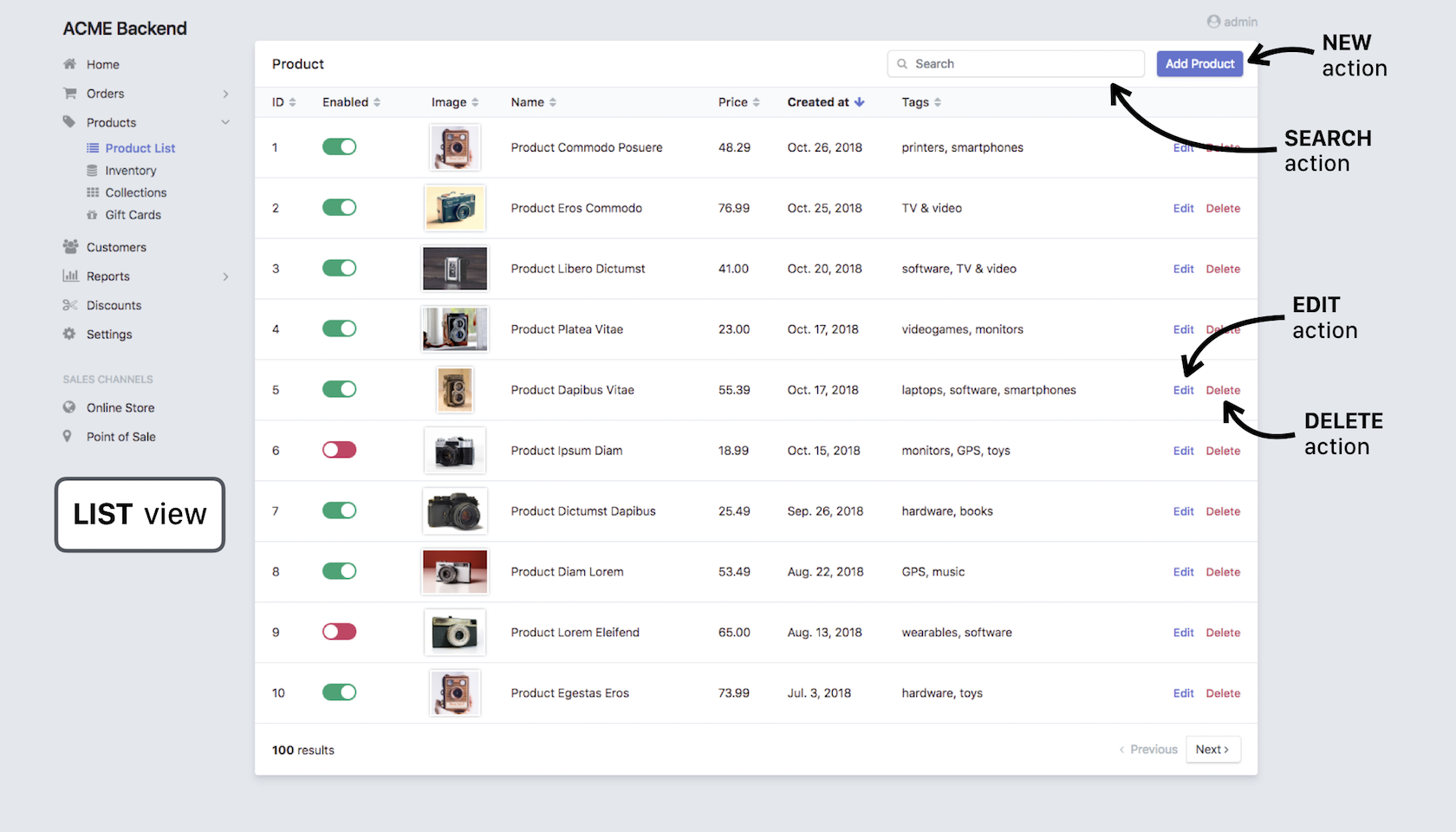 List view interface