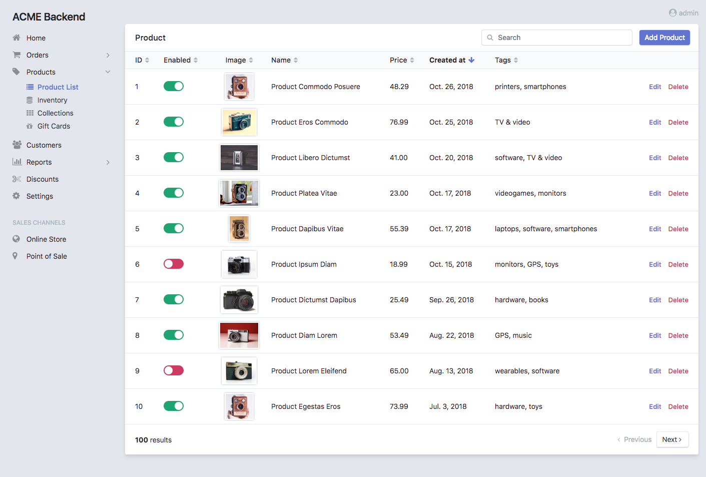List view interface