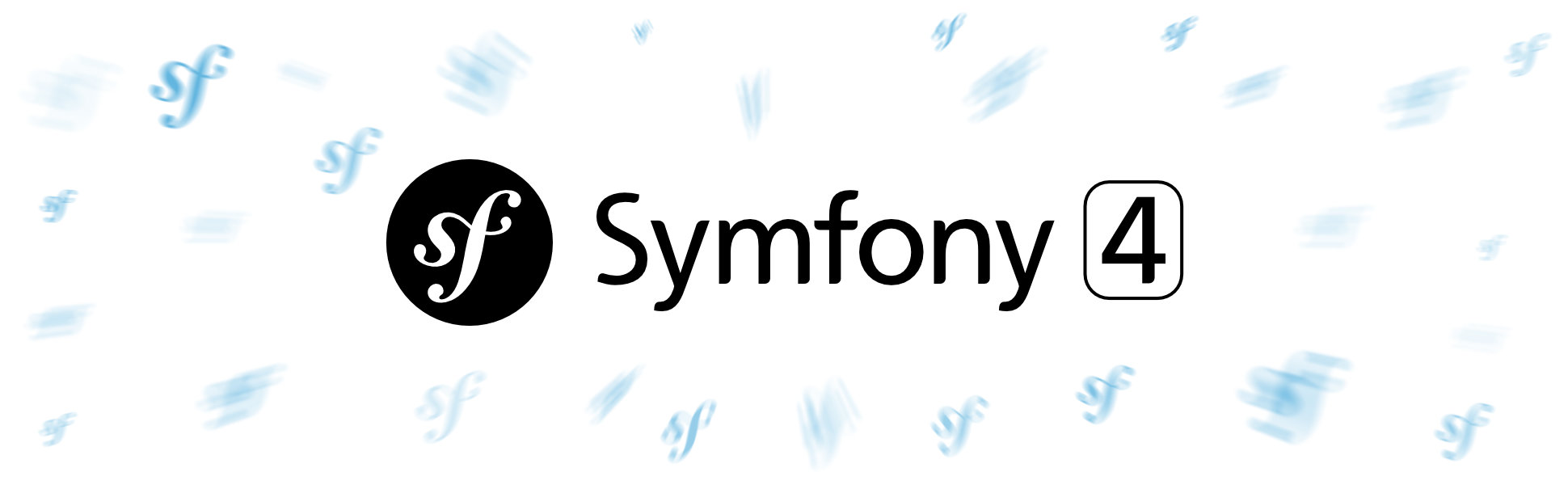 An illustration promoting the launch of Symfony 4, featuring a large centered Symfony logo surrounded by smaller blurred Symfony logos to depict movement