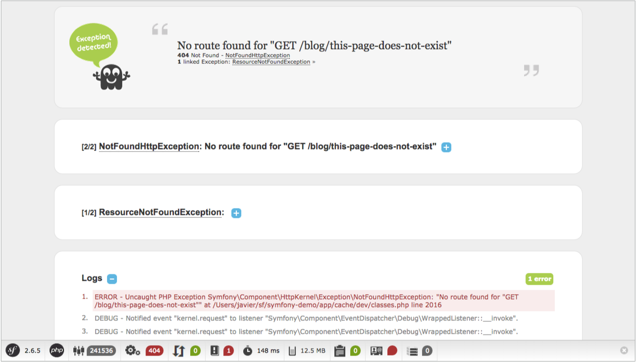 A typical exception page in the development environment