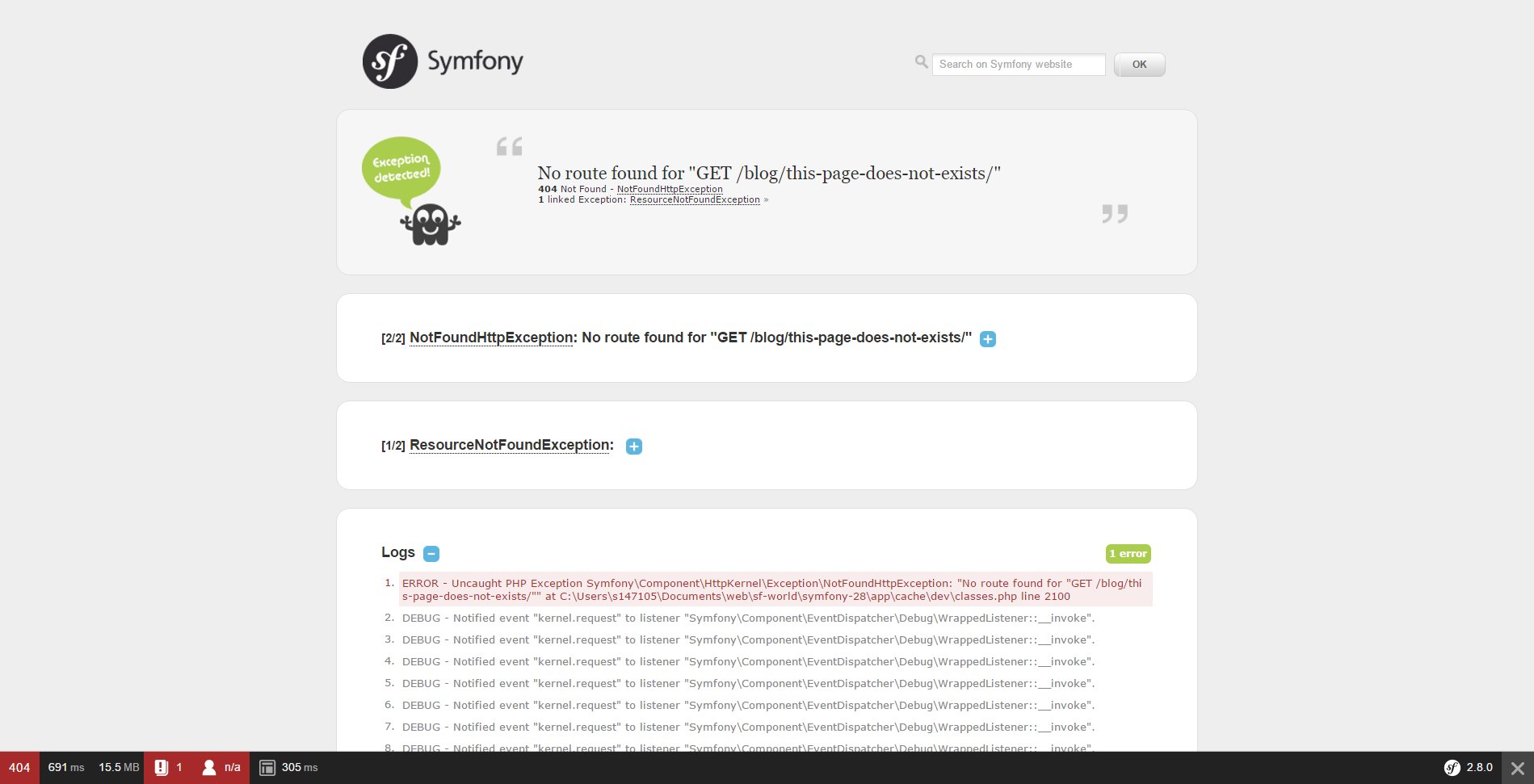 A typical exception page in the development environment
