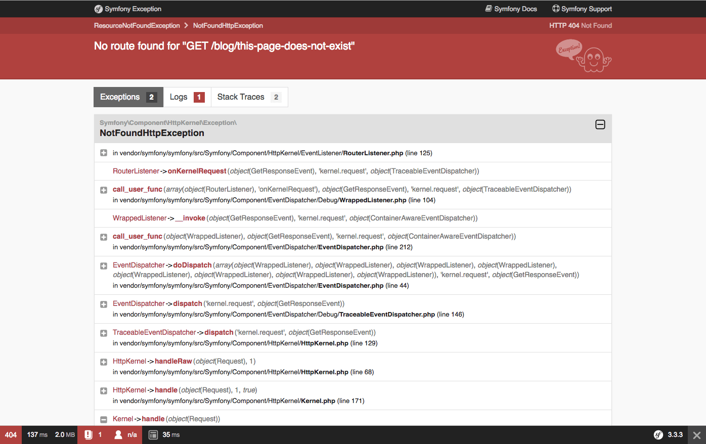 A typical exception page in the development environment