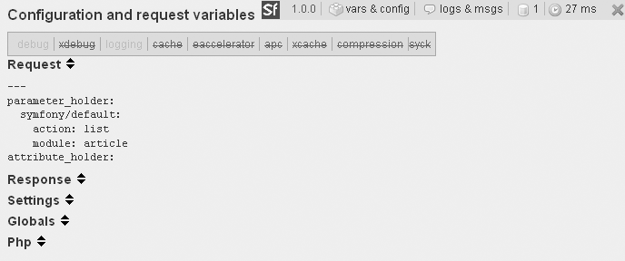 The vars & config section shows all the variables and constants of the request