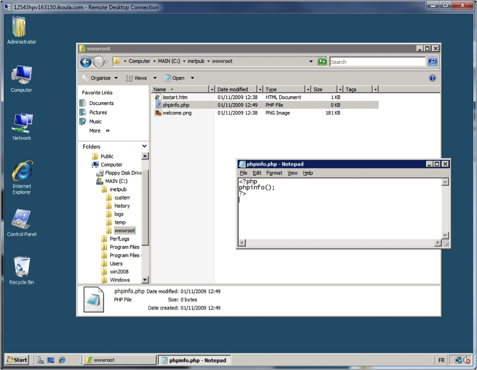 Windows Explorer - phpinfo.php を作成する