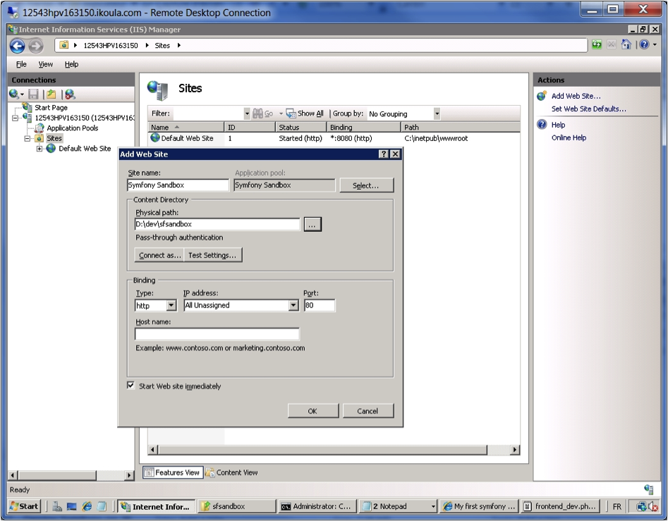 IIS Manager - Add Web Site.