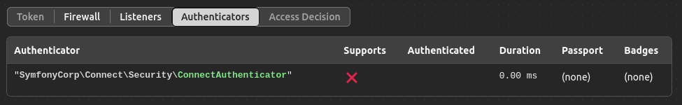 Symfony 7.2 security profiler panel with all authenticators shown