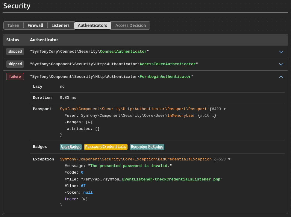 Symfony 7.2 security profiler panel with more and redesigned information in the authenticators tab