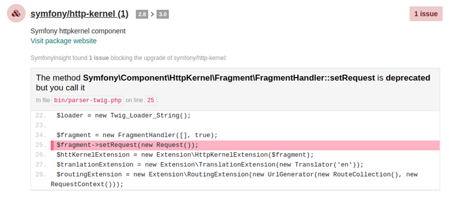 Example of a SymfonyInsight Upgrade report issue