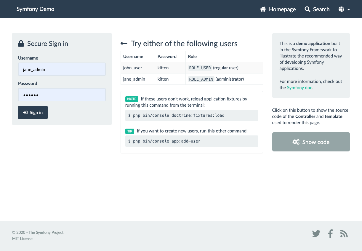 Original Symfony Demo page