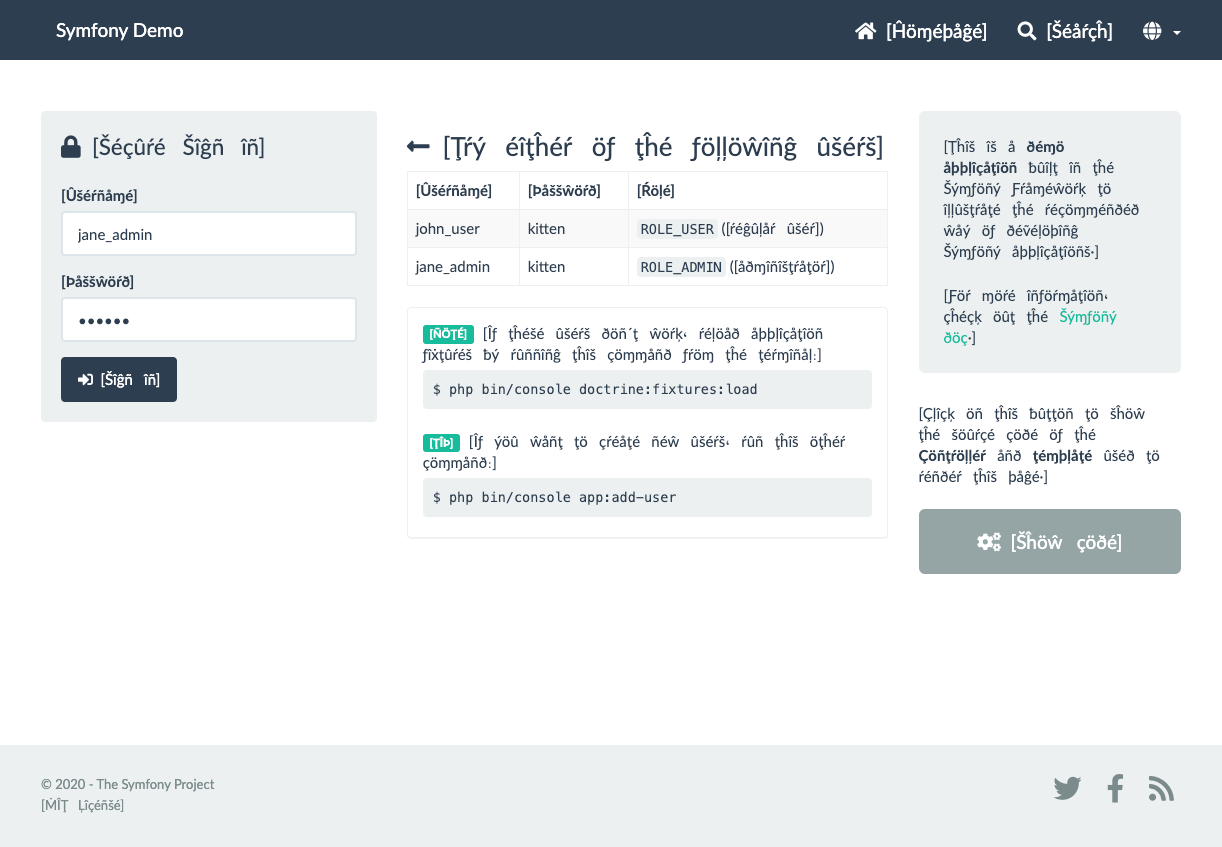 Symfony Demo page with pseudolocalization enabled