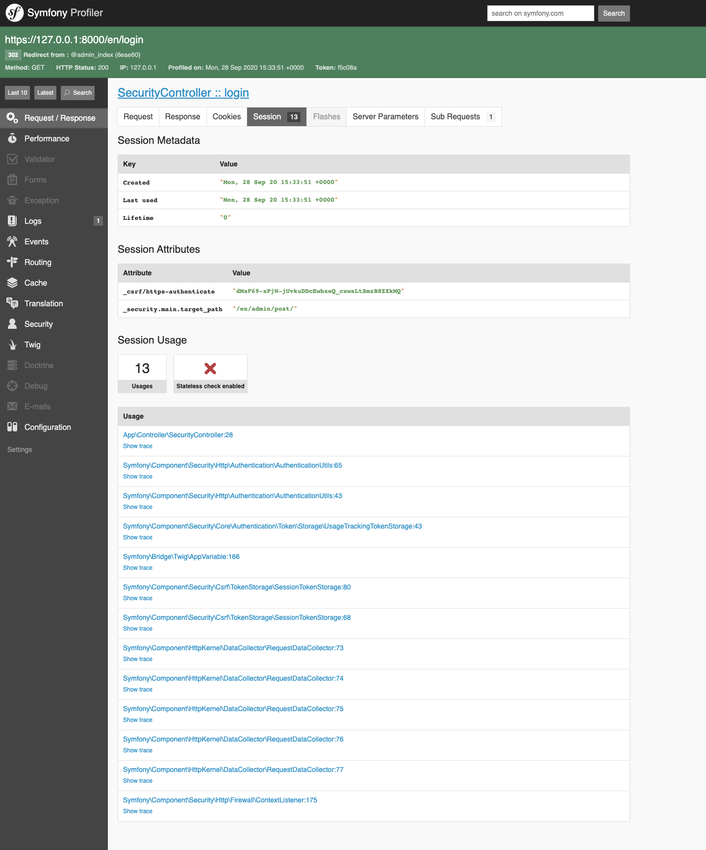 Symfony session profiling in the profiler