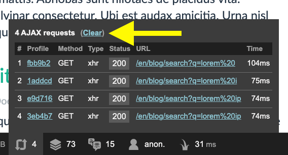 The new Clear link in the list of Ajax requests in the Symfony 4.4 web debug toolbar