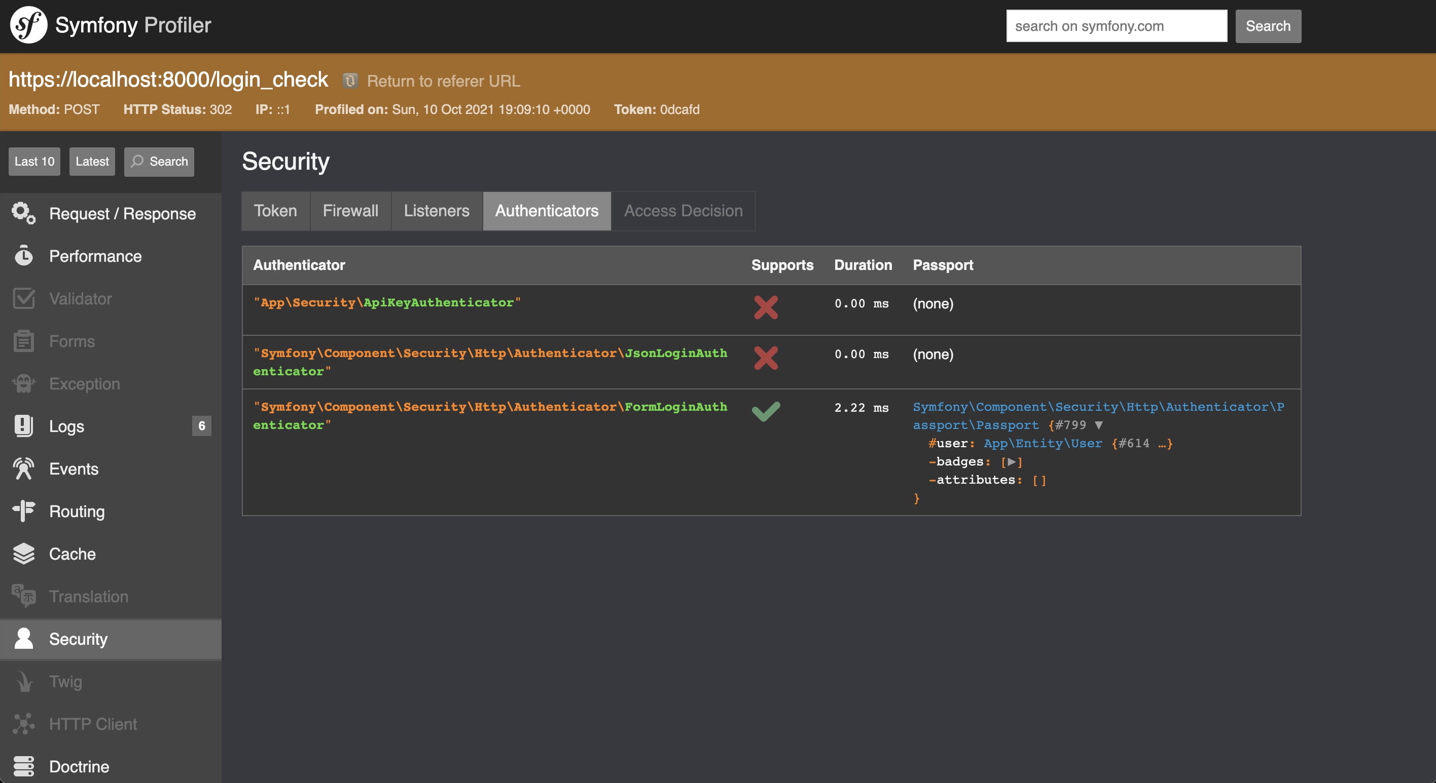 Security Authenticators information in Symfony 5.4 Profiler