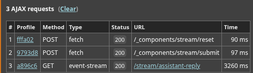 Symfony 7.4 profiler showing EventSource requests in the Ajax panel