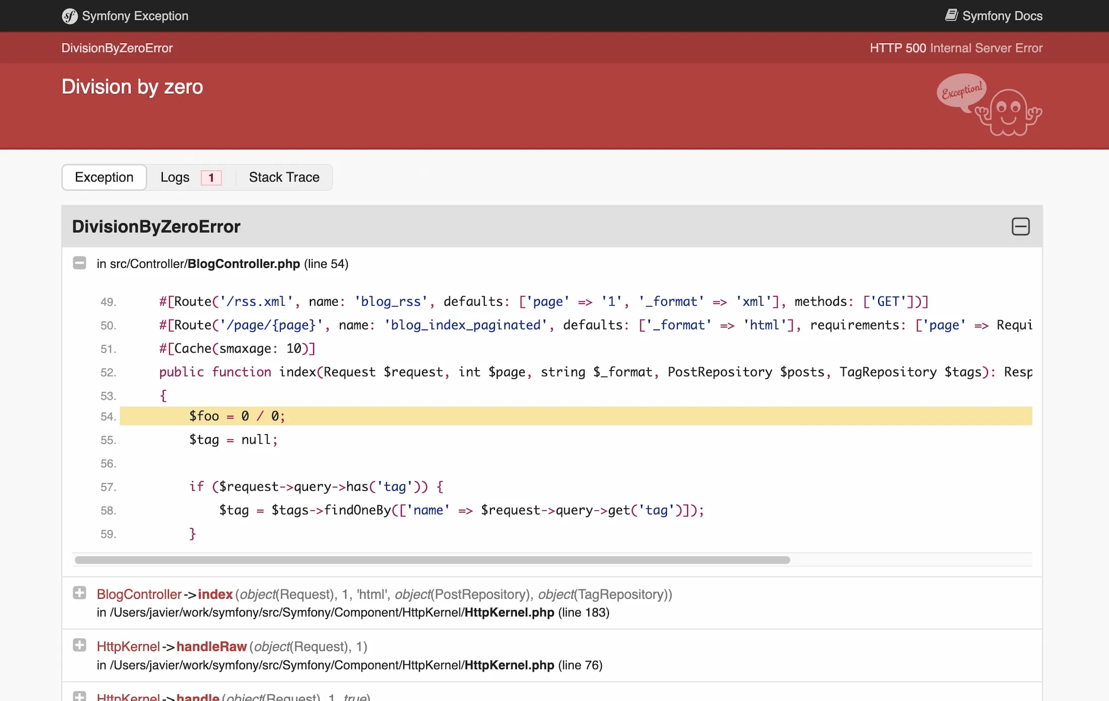 Symfony exception page shown in browsers