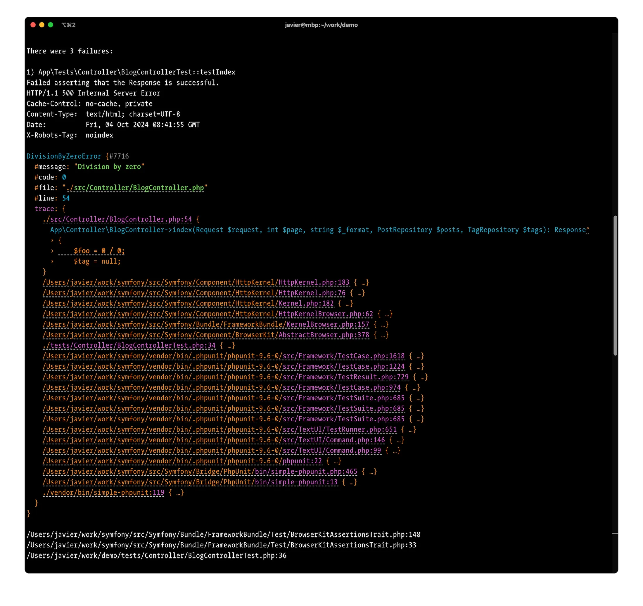 Symfony exception showing a readable plain text trace in terminal starting in Symfony 7.4