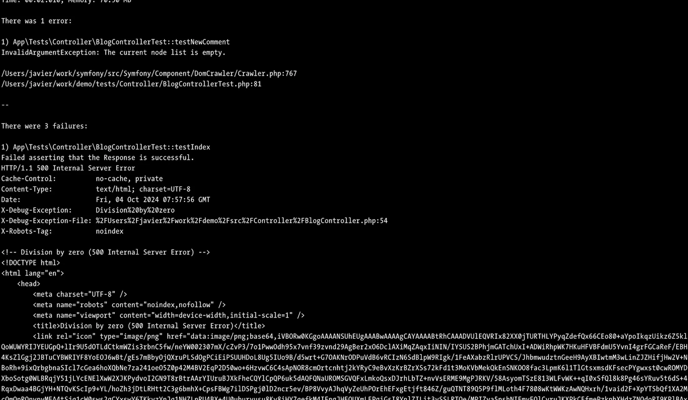 Symfony exception showing full HTML contents when running tests in terminal