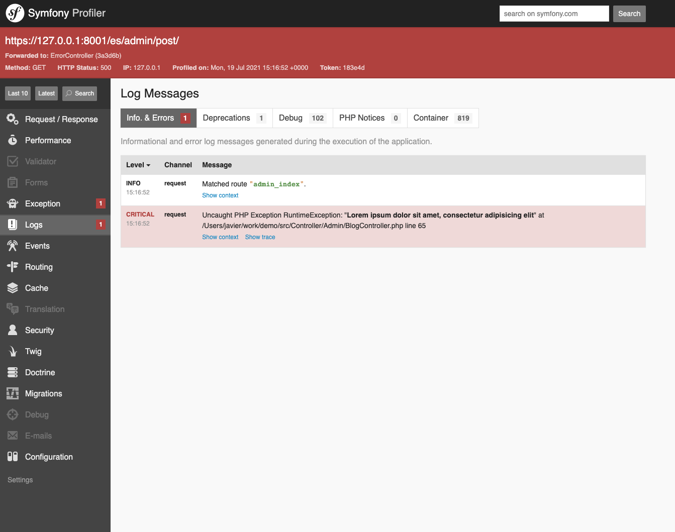 Symfony Profiler Logs Before Symfony 5.4