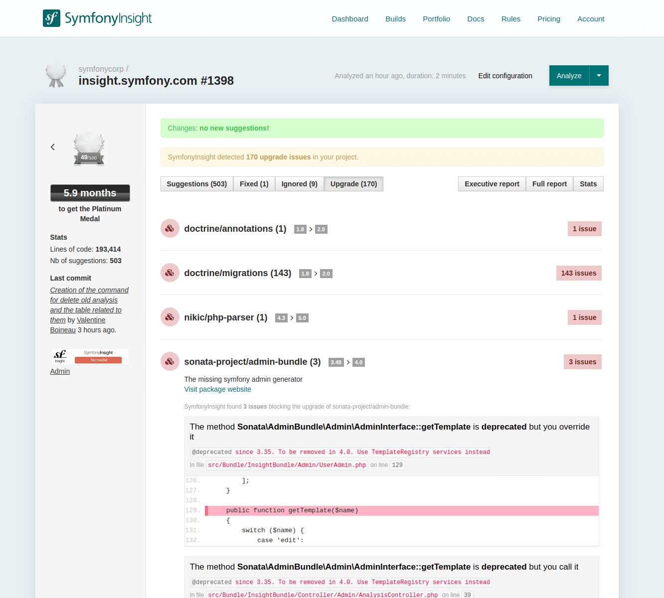 SymfonyInsight upgrade reports